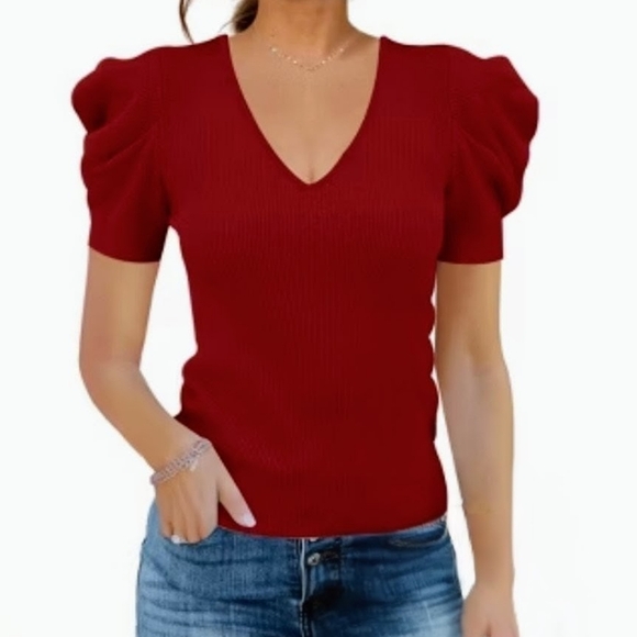 #051 Sz S/P Industry Republic Wine Ribbed Top with Puffed Sleeves - Picture 2 of 7